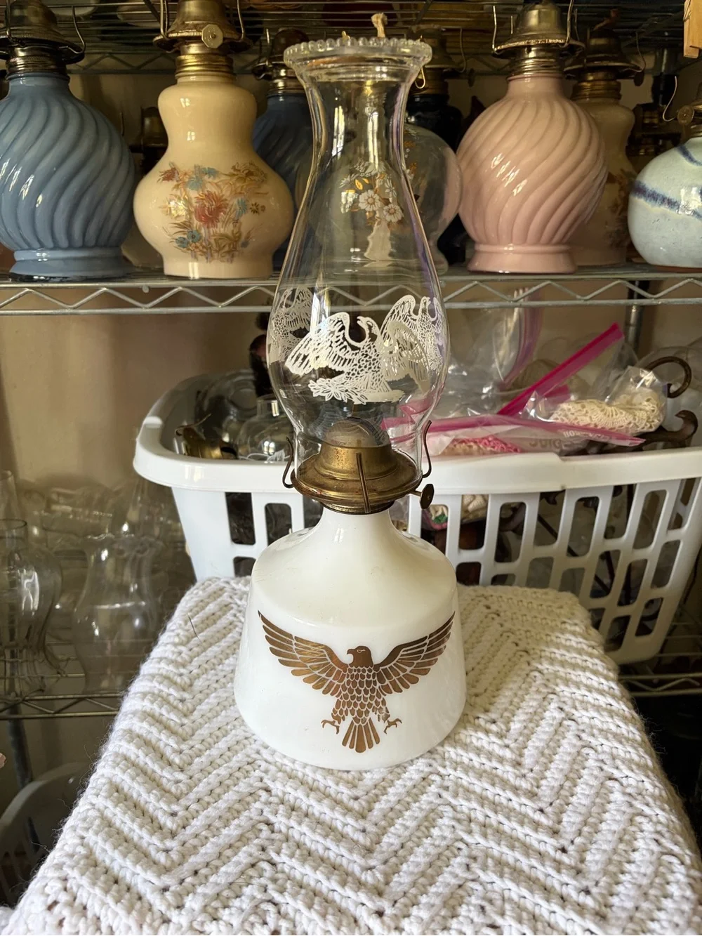 Vintage White Glass Hurricane Lamp with Gold Eagle Motif